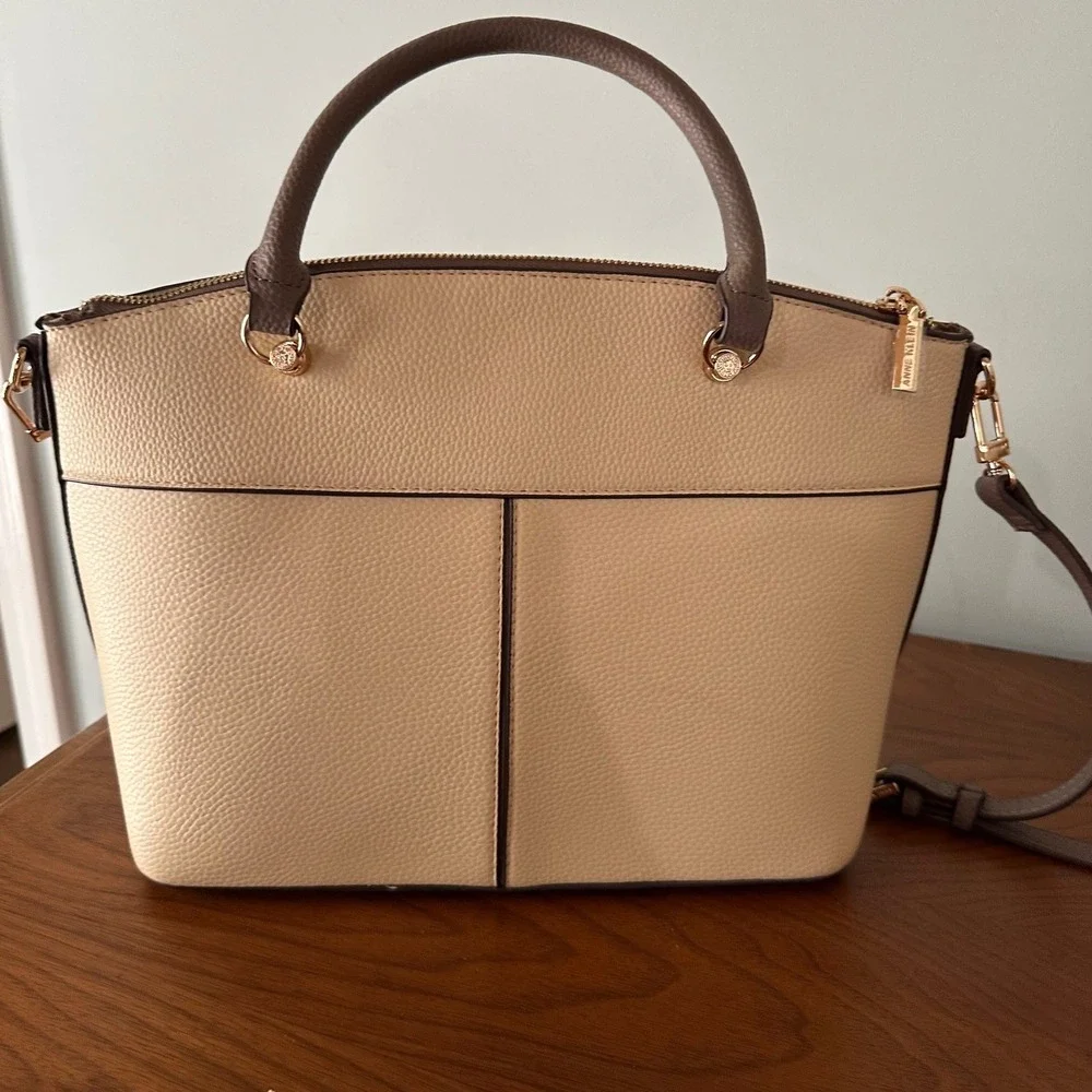 Anne Klein Two Tone Pebbled Satchel Crossbody Bag Beige Taupe Gold Tone NWOT